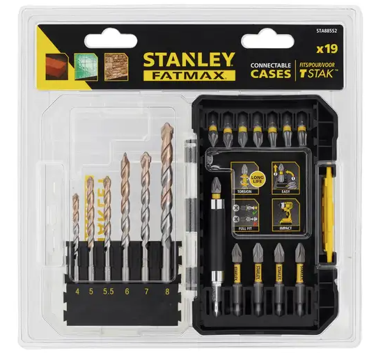 Zestaw końcówek udarowych i wierteł 19 sztuk do wiercenia i wkręcania w różne materiały | STA88552-XJ