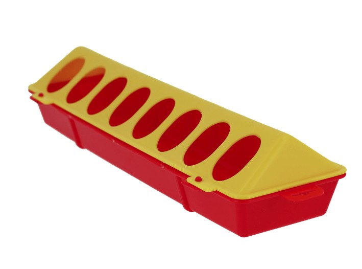 Wytrzymałe karmidło dla drobiu 30x10cm z praktycznym korytkiem w kolorze żółto czerwonym | JUT091