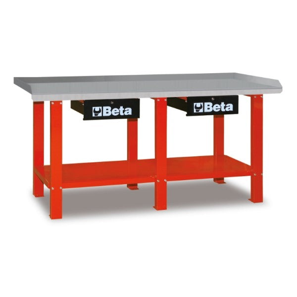 Stół warsztatowy z dwiema szufladami z blatem pokryty blachą C56 czerwony | 5600/C56R