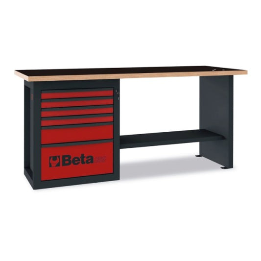 Stół warsztatowy czerwony C59A blat drewniany 6 szuflad | 5900/C59A-R - Centrum Techniczne Gałązka