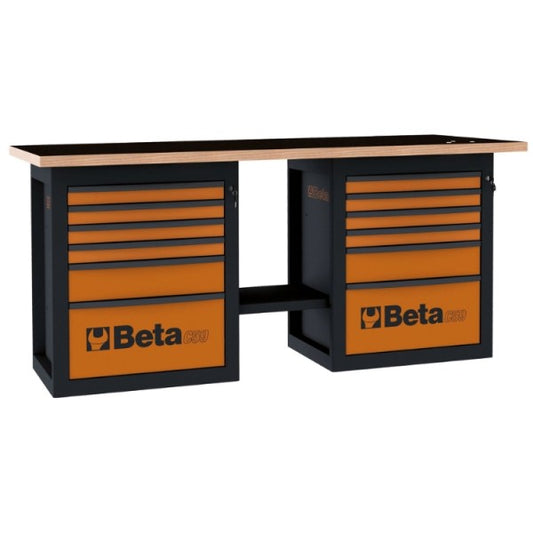 Stół warsztatowy pomarańczowy C59B blat drewniany 12 szuflad | 5900/C59B-O - Centrum Techniczne Gałązka