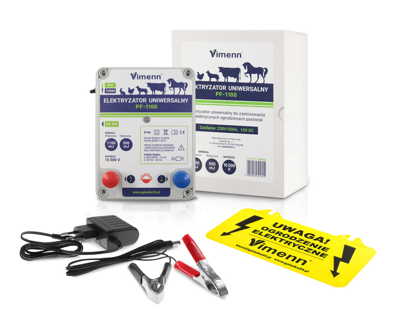 Kompletny zestaw elektryzatora pastucha z drutem izolatorami palikami i uziemieniem | PF-1100