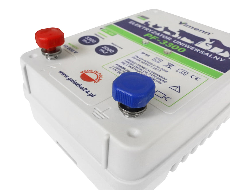 Mocny elektryzator sieciowy PF-3300 w zestawie z drutem, palikami i zaciskami VIMENN