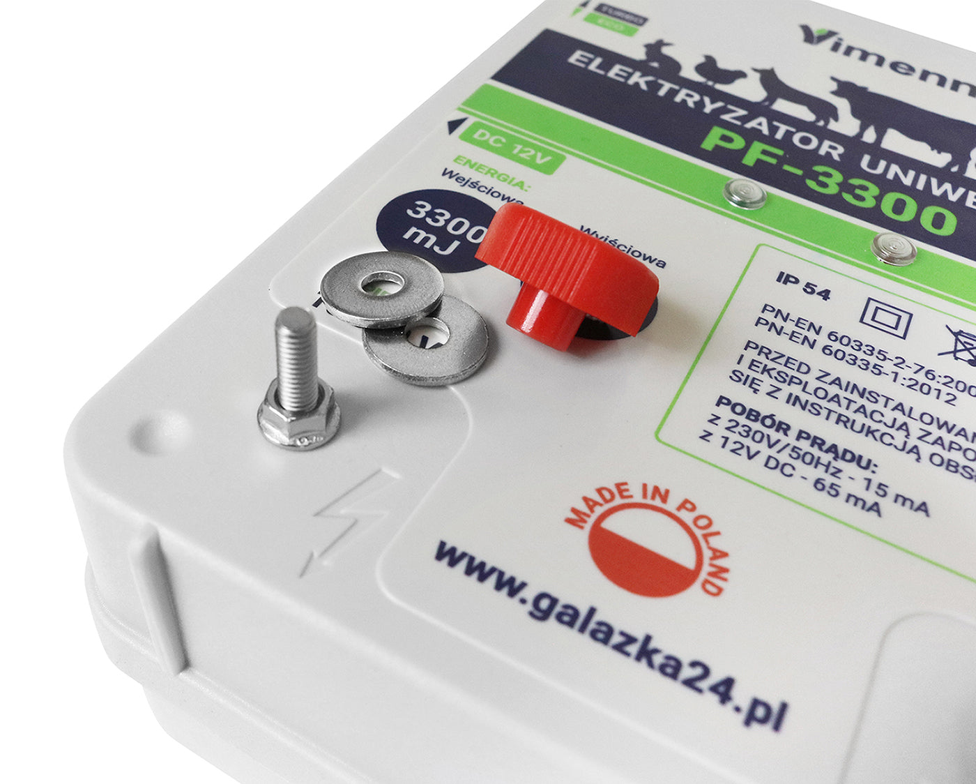 Mocny elektryzator sieciowy PF-3300 w zestawie z drutem, palikami i zaciskami VIMENN