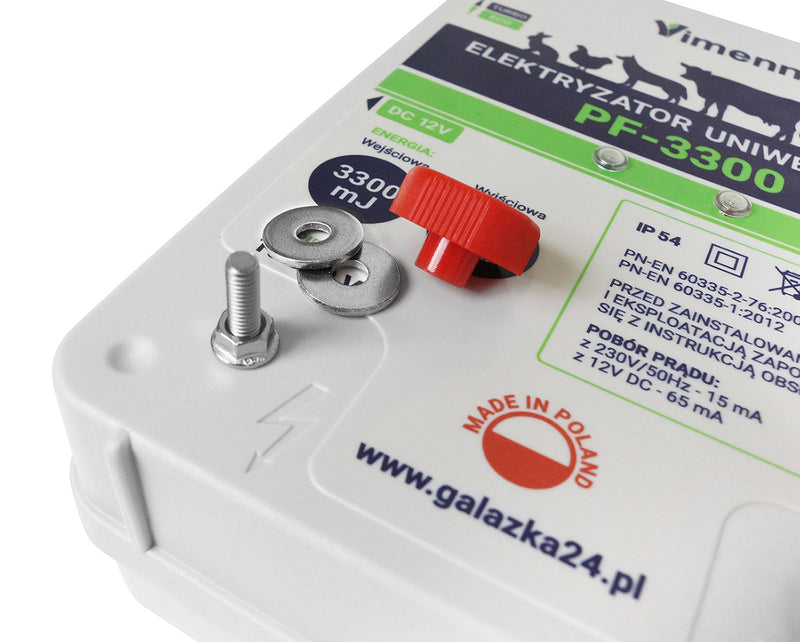 Mocny elektryzator sieciowy PF-3300 w zestawie z drutem, palikami i zaciskami VIMENN