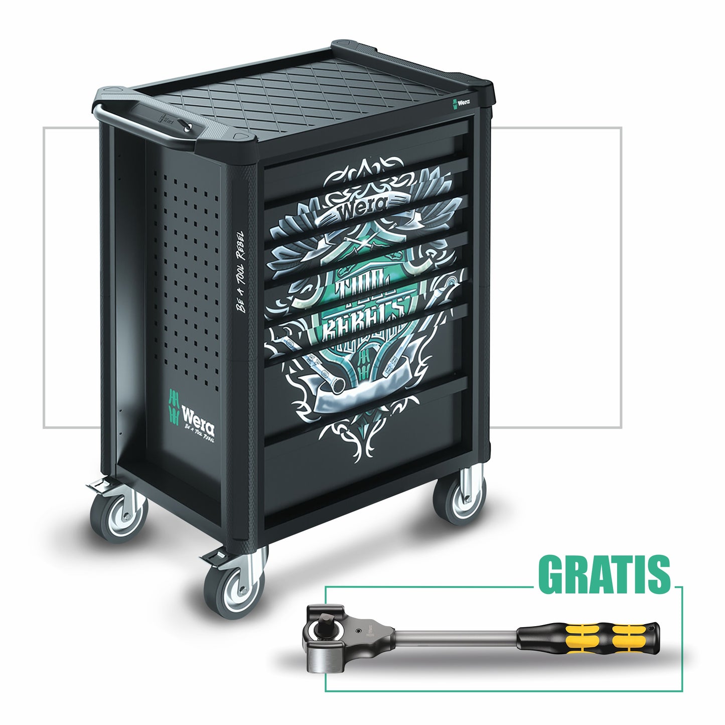 Zestaw Wózek warsztatowy WERA + grzechotka z funkcją młotka GRATIS 1 Tool Rebel  | 165/3627