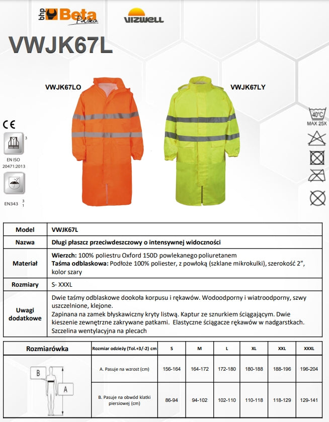 PŁASZCZ DŁUGI PRZECIWDESZCZOWY OSTRZEGAWCZY POMARAŃCZOWY VWJK67LO - Centrum Techniczne Gałązka