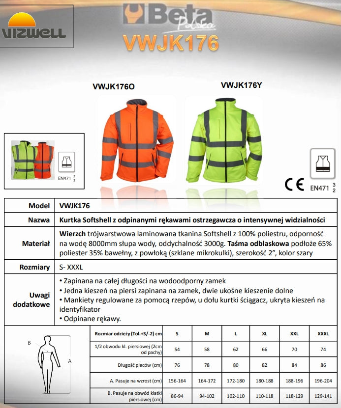 KURTKA SOFTSHELL OSTRZEGAWCZA  Z ODPINANYMI RĘKAWAMI ZÓŁTA VWJK176Y - Centrum Techniczne Gałązka