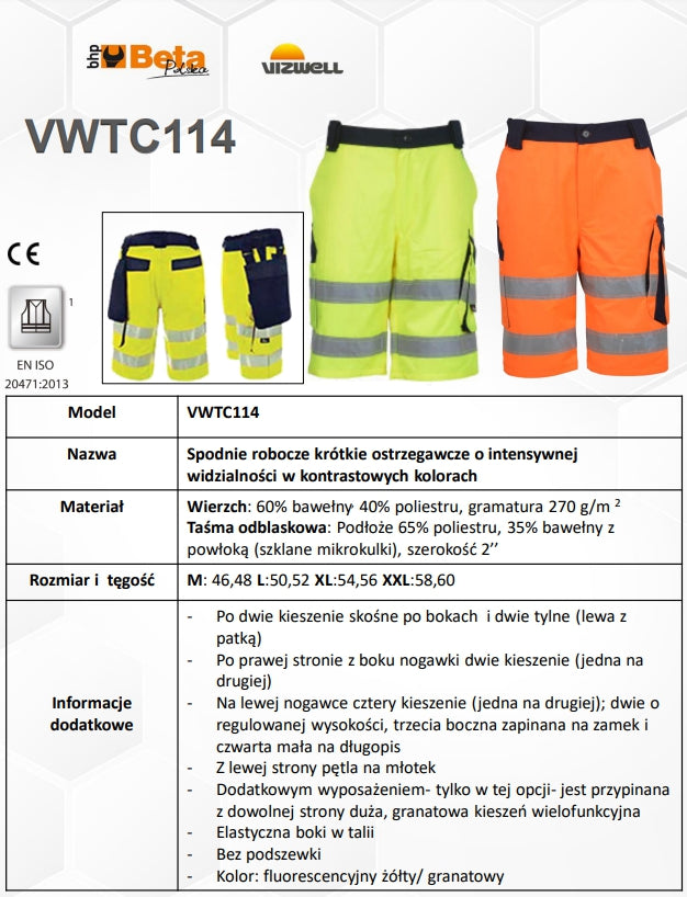 SPODNIE BERMUDY ROBOCZE KRÓTKIE OSTRZEGAWCZE ŻÓŁTO-GRANATOWE VWTC114YN - Centrum Techniczne Gałązka