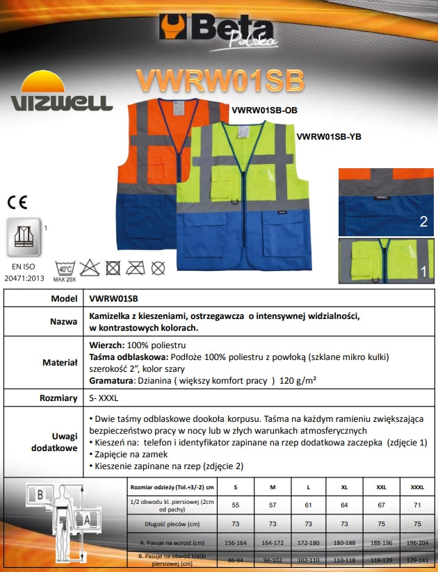 KAMIZELKA OSTRZEGAWCZA POMARAŃCZOWA-NIEBIESKA VWRW01SB-OB - Centrum Techniczne Gałązka