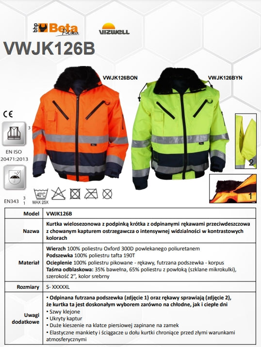 KURTKA KRÓTKA OSTRZEGAWCZA WIELOSEZONOWA POMARAŃCZOWO-GRANATOWA VWJK126BON - Centrum Techniczne Gałązka