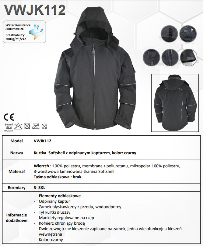 KURTKA ROBOCZA SOFTSHELL Z ODPINANYM KAPTUREM CZARNA VWJK112 - Centrum Techniczne Gałązka