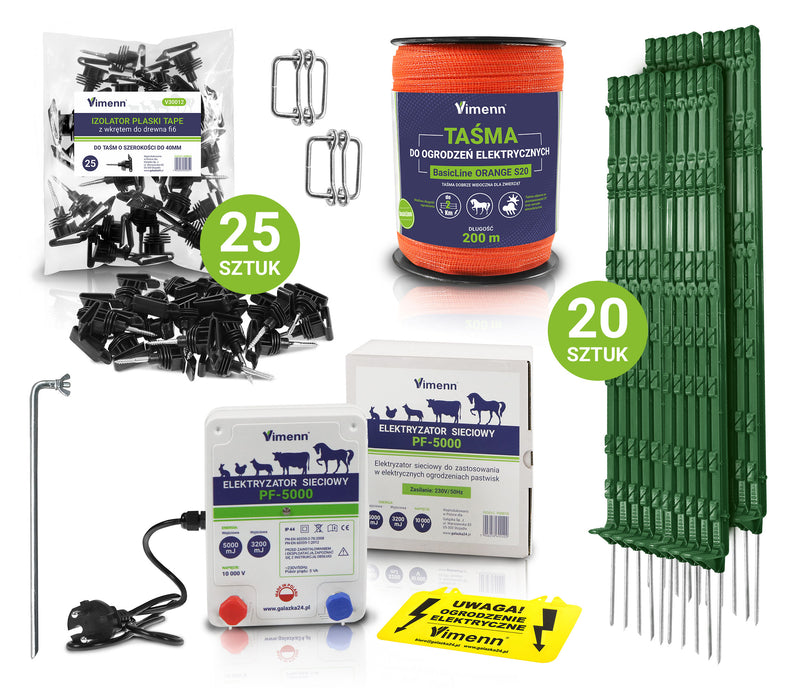 Kompletny zestaw z elektryzatorem PF-5000 Vimenn oraz izolatorami, uziomem, zielonymi palikami, łącznikami i pomarańczową taśmą