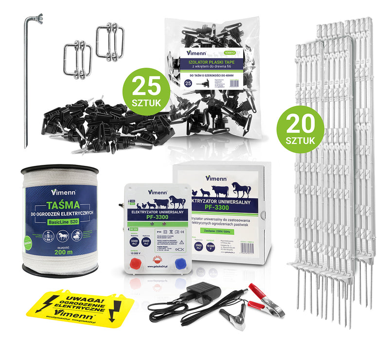 Zestaw do pastucha PF-3300 VIMENN z taśmą, palikami, uziomem oraz izolatorami