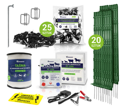 Zestaw ELEKTRYZATOR PASTUCHA PF-3300 VIMENN razem z palikami uziomem izolatorami i taśmą