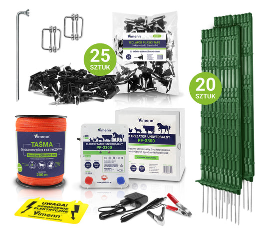 Zestaw elektryzator PF-3300 oraz pomarańczowa taśma, zielone paliki, izolatory i uziom
